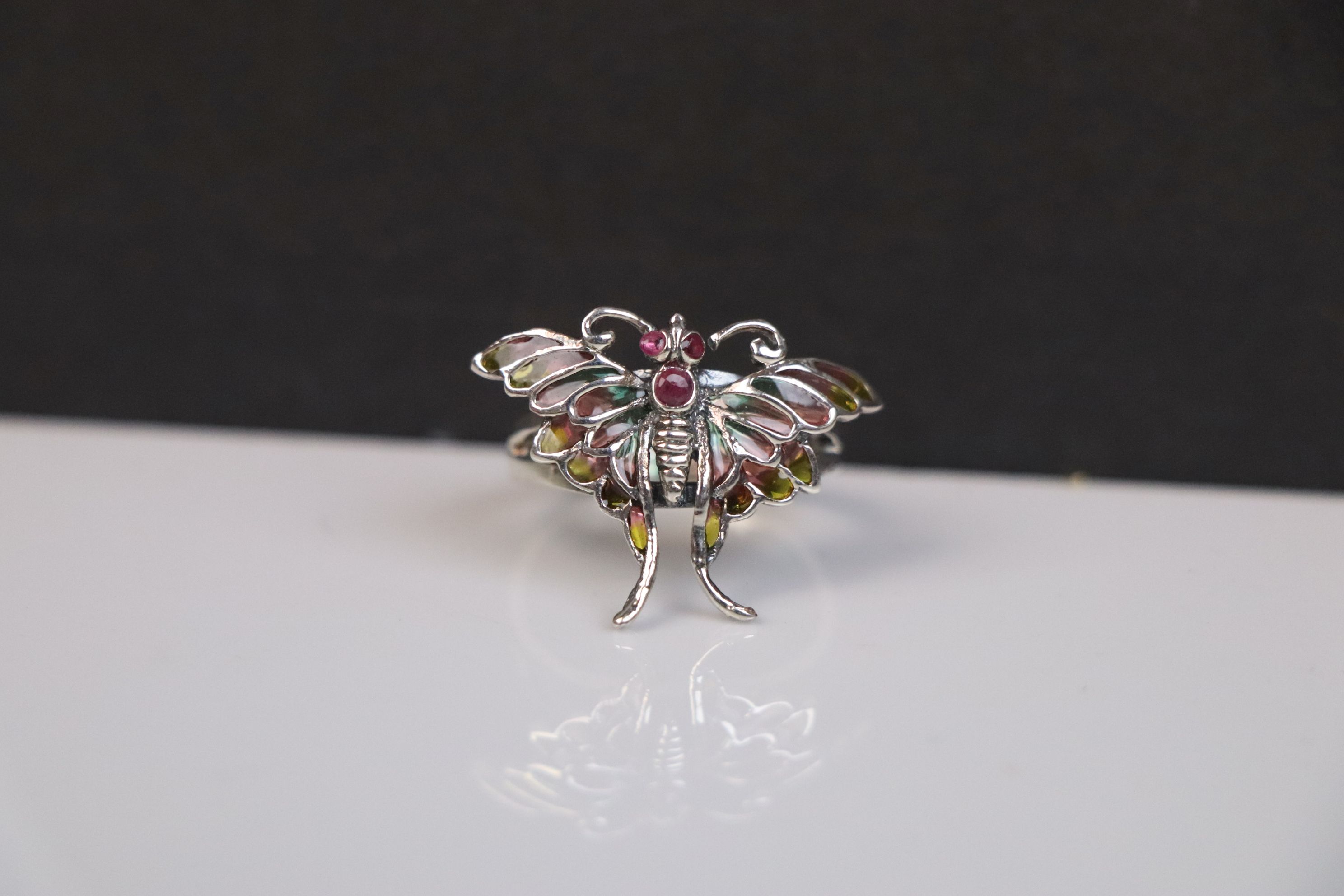 Silver and Plique-a-Jour Art Nouveau style butterfly dress ring - Image 2 of 3