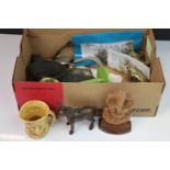 Box of collectables including Liberty style pewter, brass elephants etc