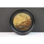 A framed 19th century continental oil on board miniature Painting harbour scene.