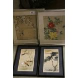 Three framed oriental prints & painting on silk of a bird on a branch, signed with character