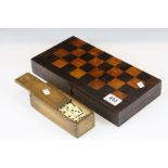 19th century rose wood games box with counters and boxed bone & ebony dominoes set