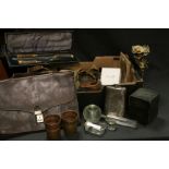 Quantity of collectables to include vintage cartridge bag, a Champion & Wilton silver plated