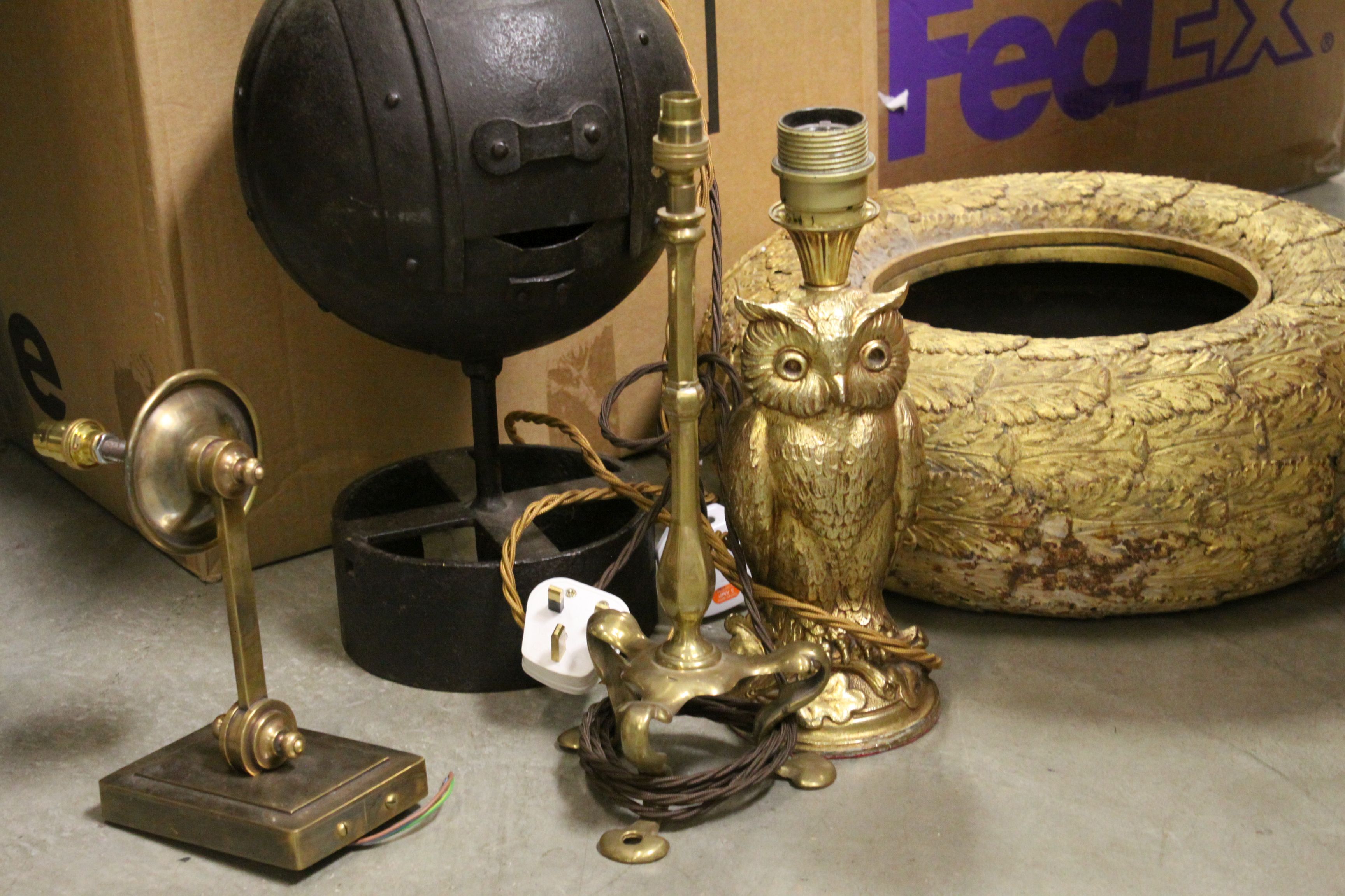 Quantity of lamps, to include gilded owls, oriental, rustic iron etc, together with globes, shade - Image 2 of 4