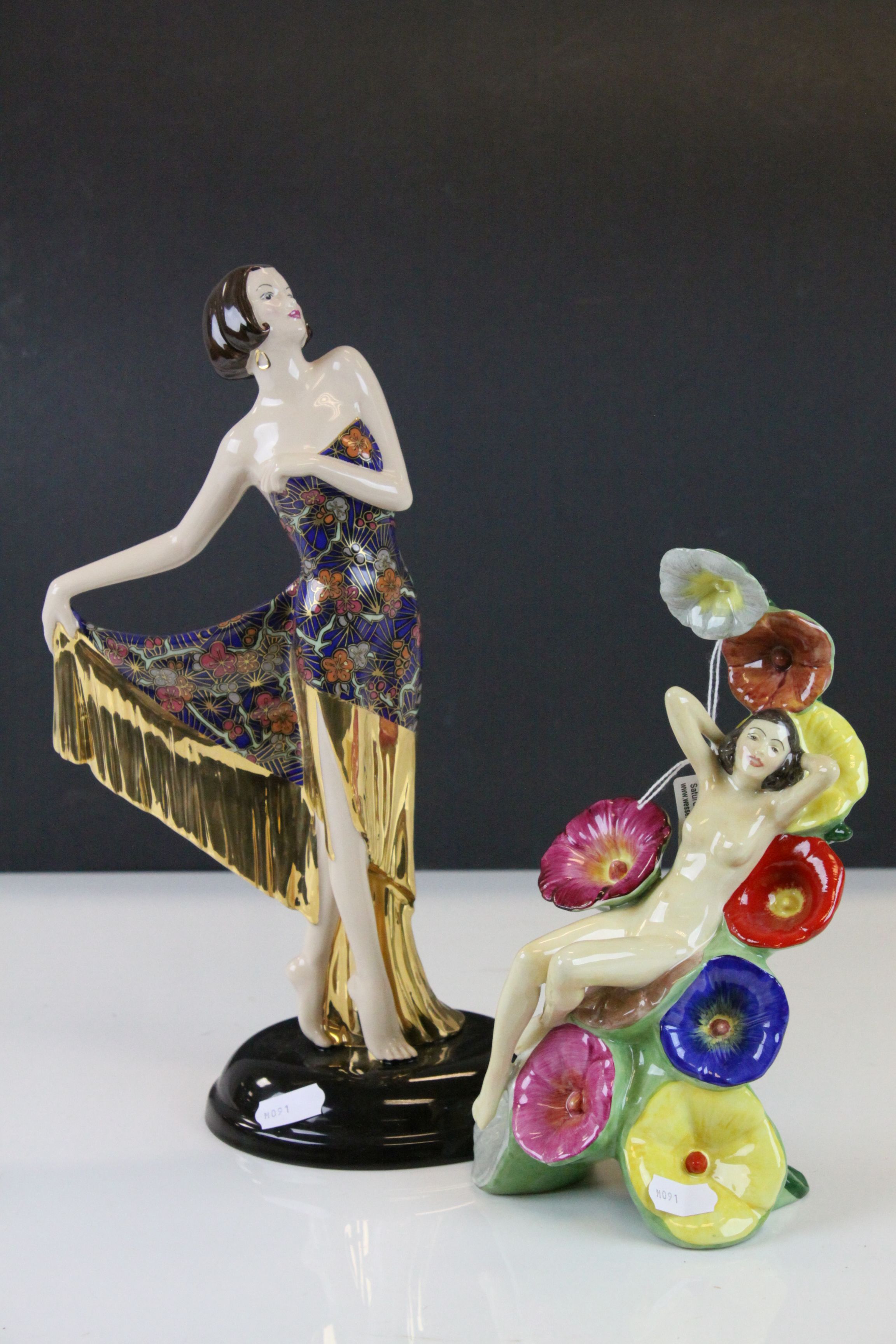 Carltonware Art Deco Style Figurine ' The Carlton Girl Hollyhocks ' 23cms high together with