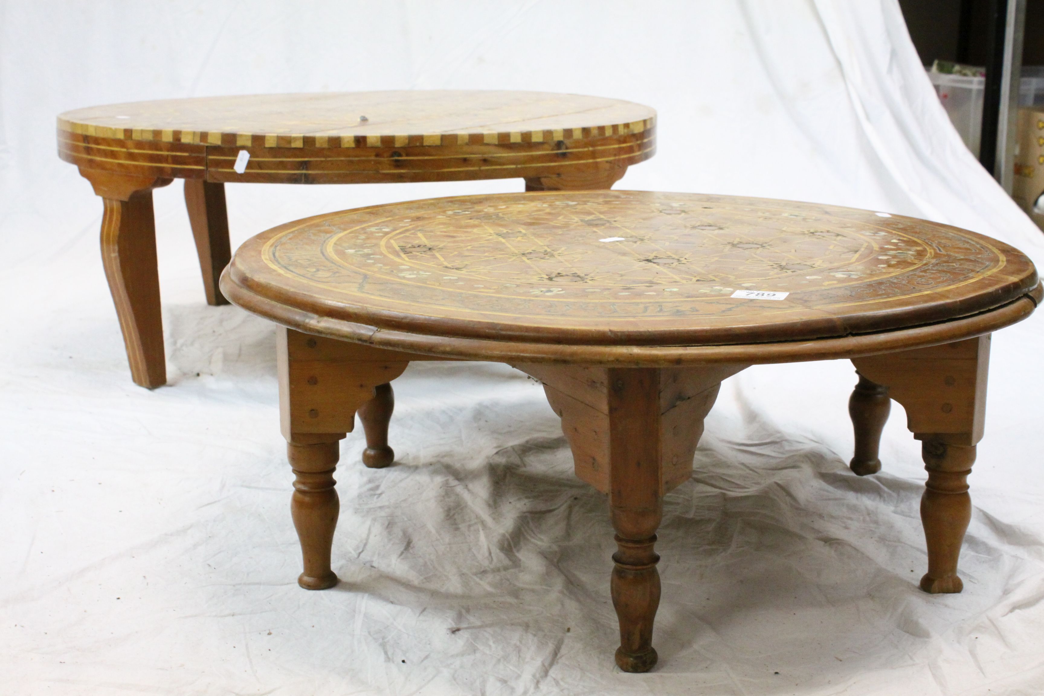 Two Middle Eastern Mother of Pearl Inlaid Circular Coffee Tables, 71cms diameter and 82cms diameter - Image 4 of 4