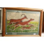 Framed & glazed Kenyan painting on Sand of running Gazelles, image approx 64 x 39cm