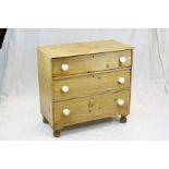 19th century Pine Chest of Three Long Drawers raised on later bun feet, 89cms wide x 86cms high