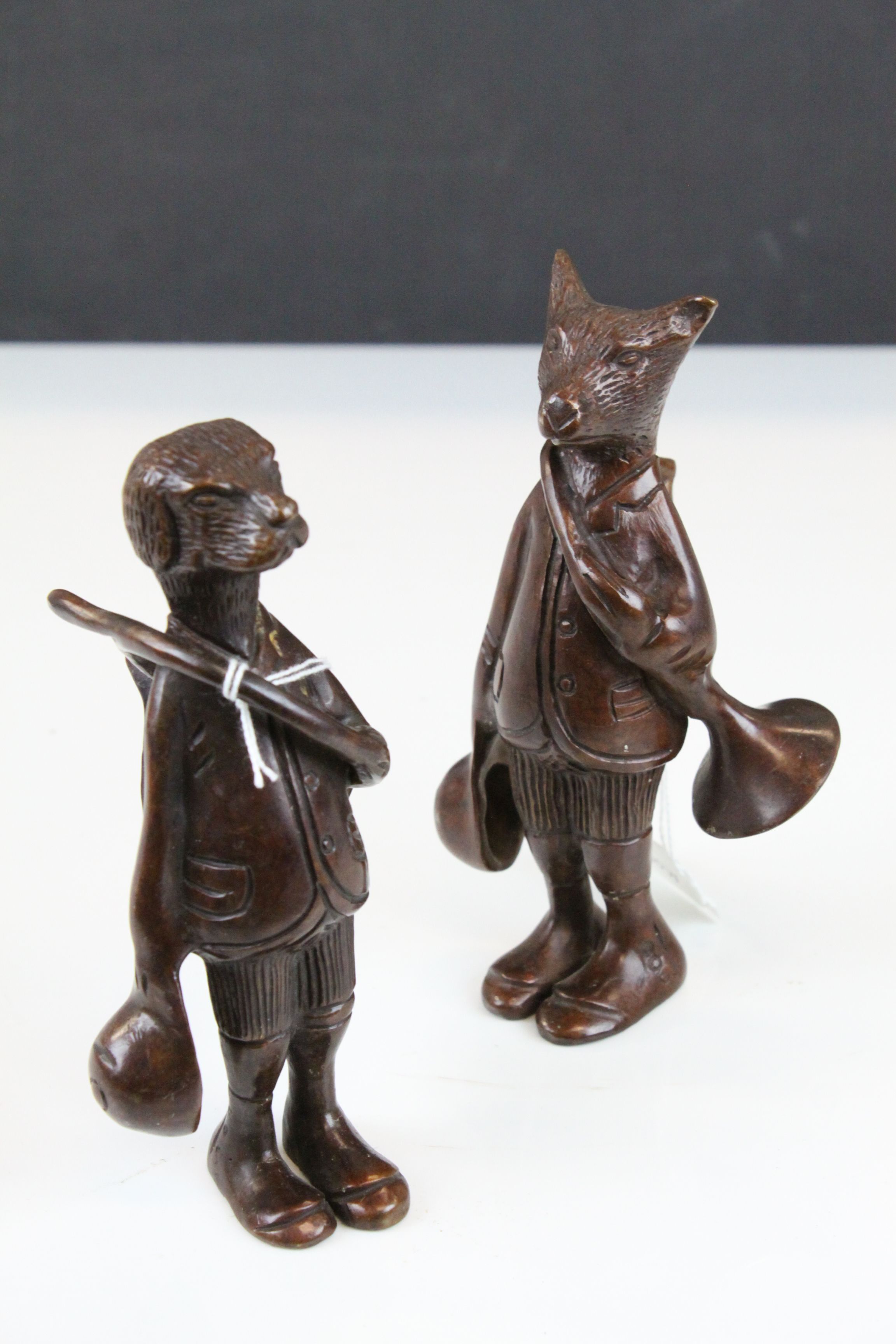 Pair of Bronze Hunting Fox and Dog Figures with Riding Hats, Horns and Jackets