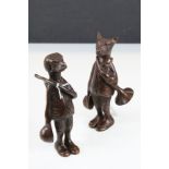 Pair of Bronze Hunting Fox and Dog Figures with Riding Hats, Horns and Jackets