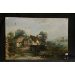 W Stone, 19th century oil on canvas, fisherman in boat in a rural setting, with cottages, signed