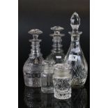 Two 19th century cut glass three ring decanters, one other cut glass decanter & two lidded jars (5)