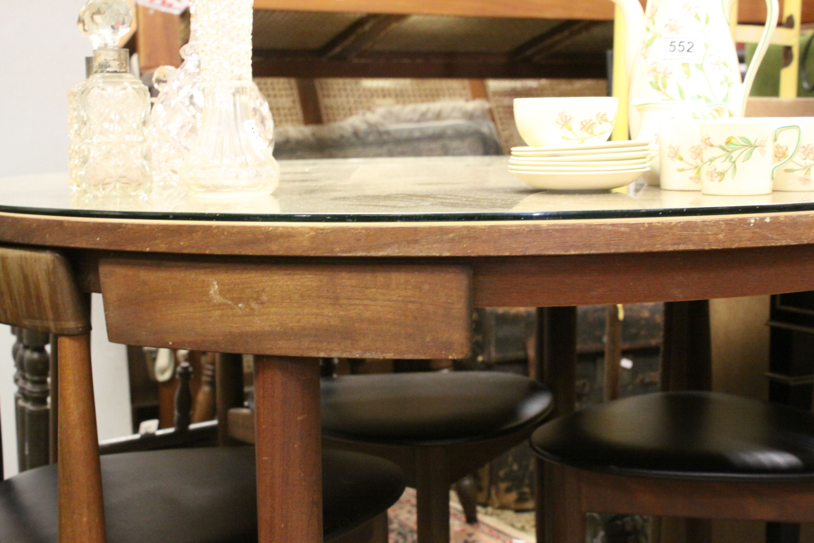 Retro 1960's Danish Teak Circular Dining Table with Glass Top and Four Curved Back matching - Image 6 of 7