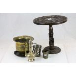 Carved hardwood African table & a collection of Asian / Eastern metalware to include jardiniere,