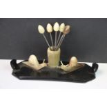 Art Deco Horn & Bakelite Escargot Fork Holder with Six Forks, the stand set with two horn snails