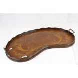 Edwardian inlaid kidney shaped drinks tray with brass carrying handles