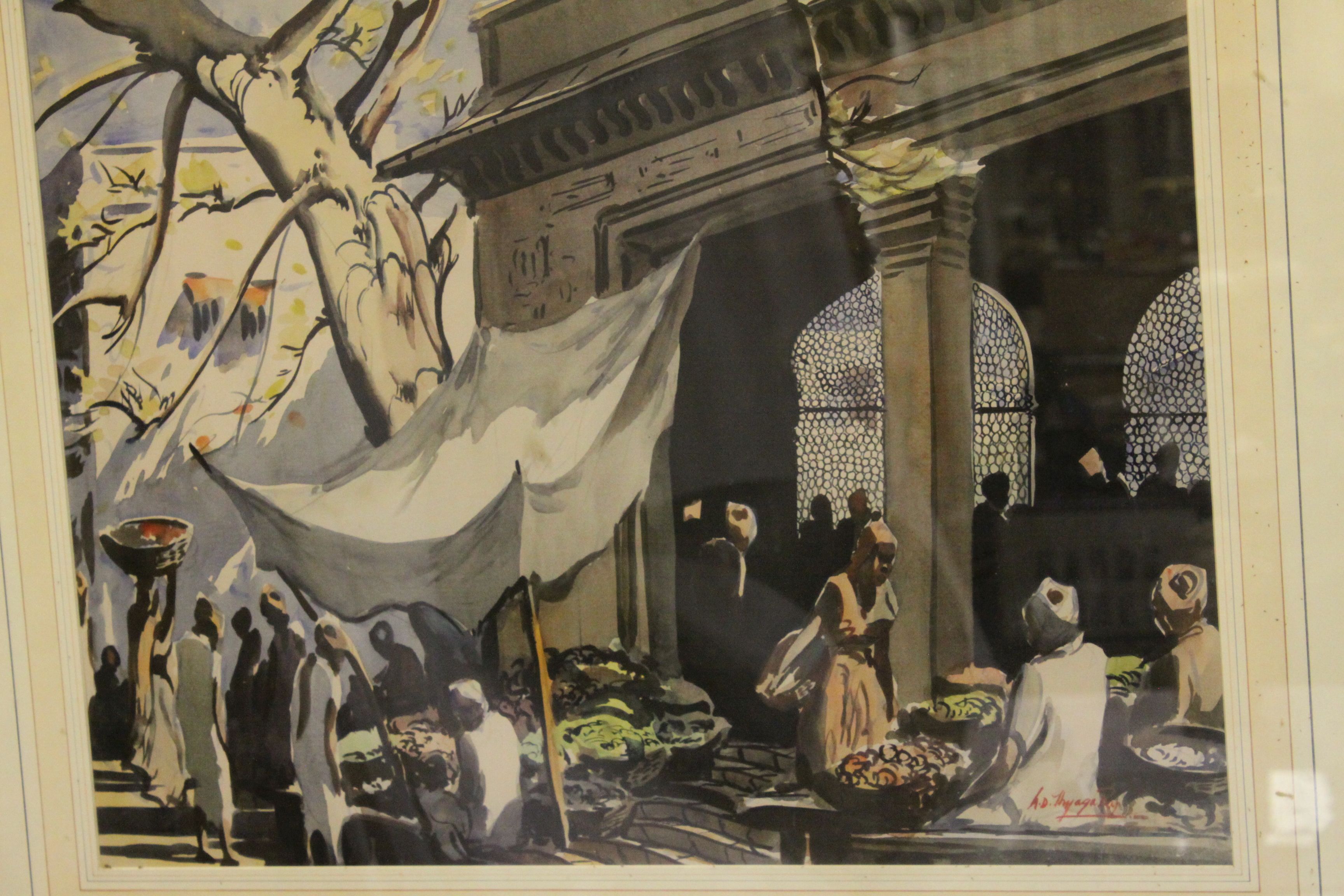 Thyagaras large watercolour market scene with figures, signed - Image 2 of 5