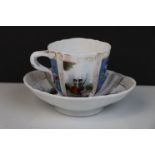 Continental Augustus Rex porcelain cup and saucer with figurative and floral panel decoration