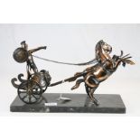 Copper Effect Metal Model of a Roman Chariot and Two Horses on Marble Plinth, 36cms long