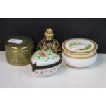 Blue and gilded glass perfume bottle with shell style decoration, two ceramic trinket boxes & one