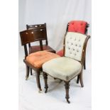 Two Victorian Scroll Back Upholstered Dining Chairs together with a William IV Mahogany Bar Back