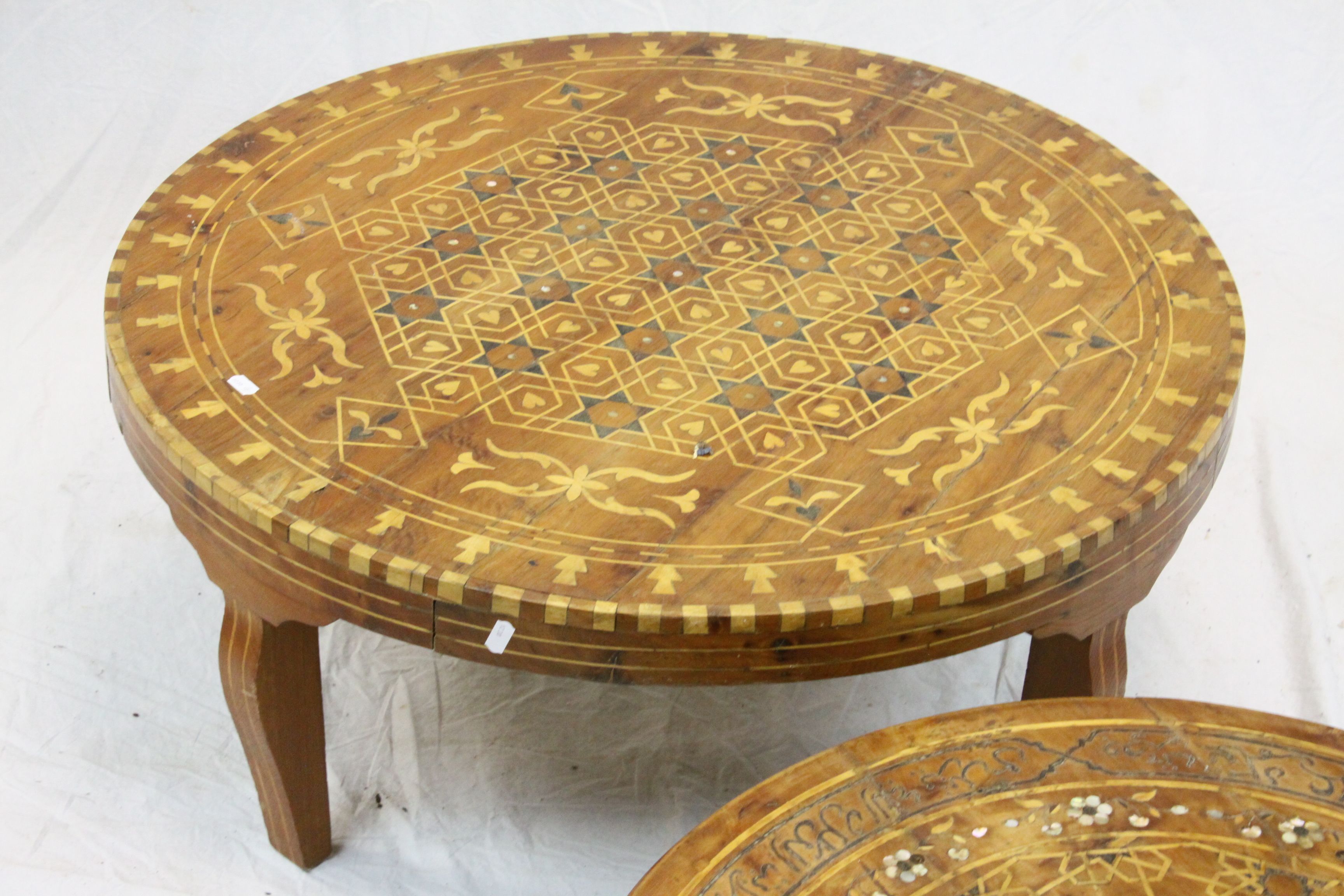 Two Middle Eastern Mother of Pearl Inlaid Circular Coffee Tables, 71cms diameter and 82cms diameter - Image 3 of 4