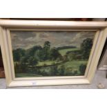 Maurice Codner, framed oil on board, rural scene with buildings and river, label verso 'Exhibited at