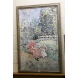 Large framed coloured print, mother and child in a garden setting, indistinctly signed under mount