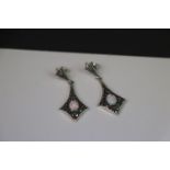 Pair of silver marcasite and opal Art Deco style drop earrings