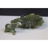 Oriental carved soapstone dish in the form of a leaf and a similar elephant figure