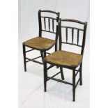 Pair of 19th century stained beach faux bamboo side chairs with rush seats