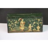 An early 20th century double sided metal travelling sewing box with oriental decoration, partitioned