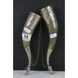 Pair of Russian White Metal Mounted Drinking Horns, each 23cms long
