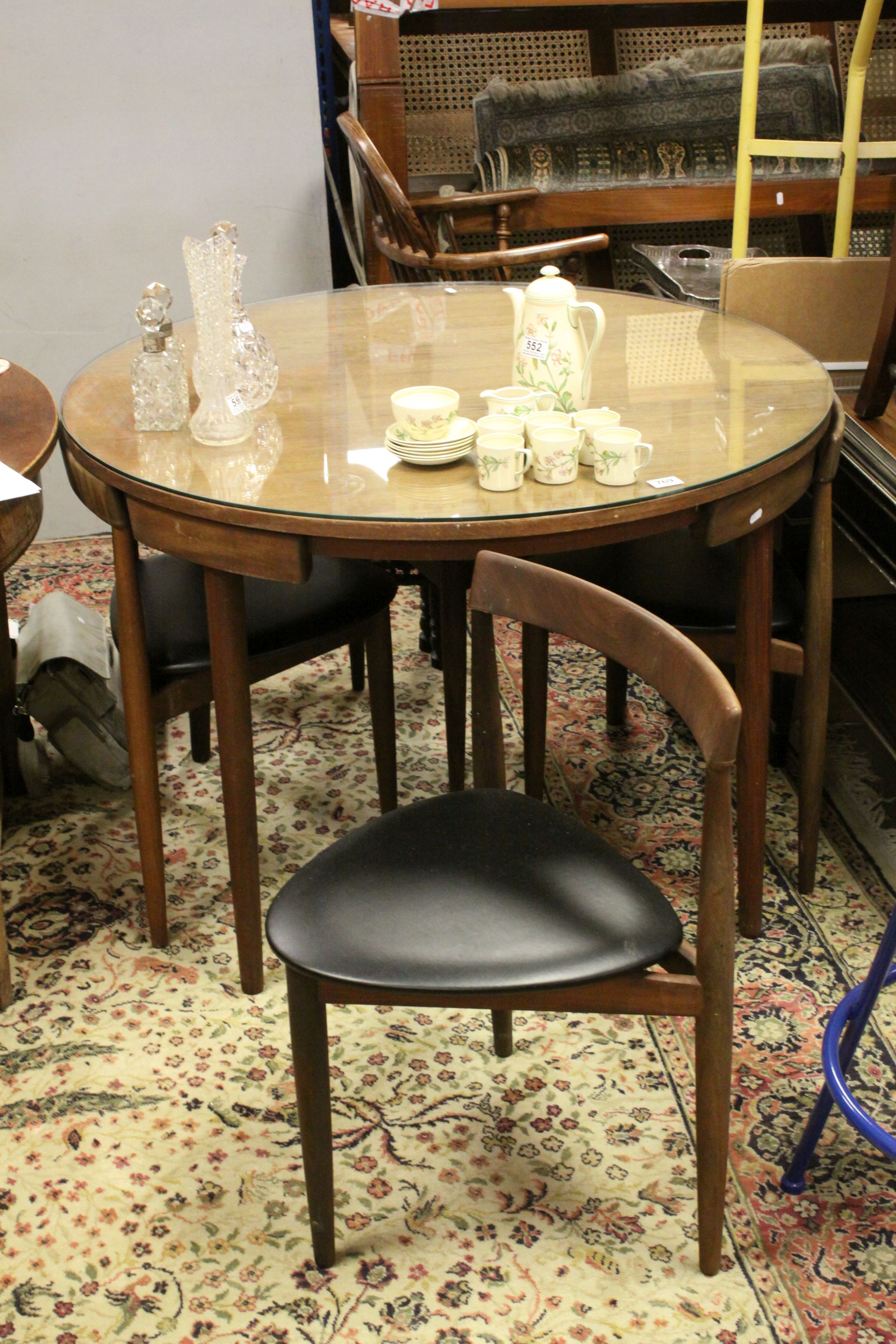 Retro 1960's Danish Teak Circular Dining Table with Glass Top and Four Curved Back matching