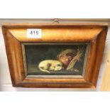 Oil on panel study of a sleeping terrier in maple frame