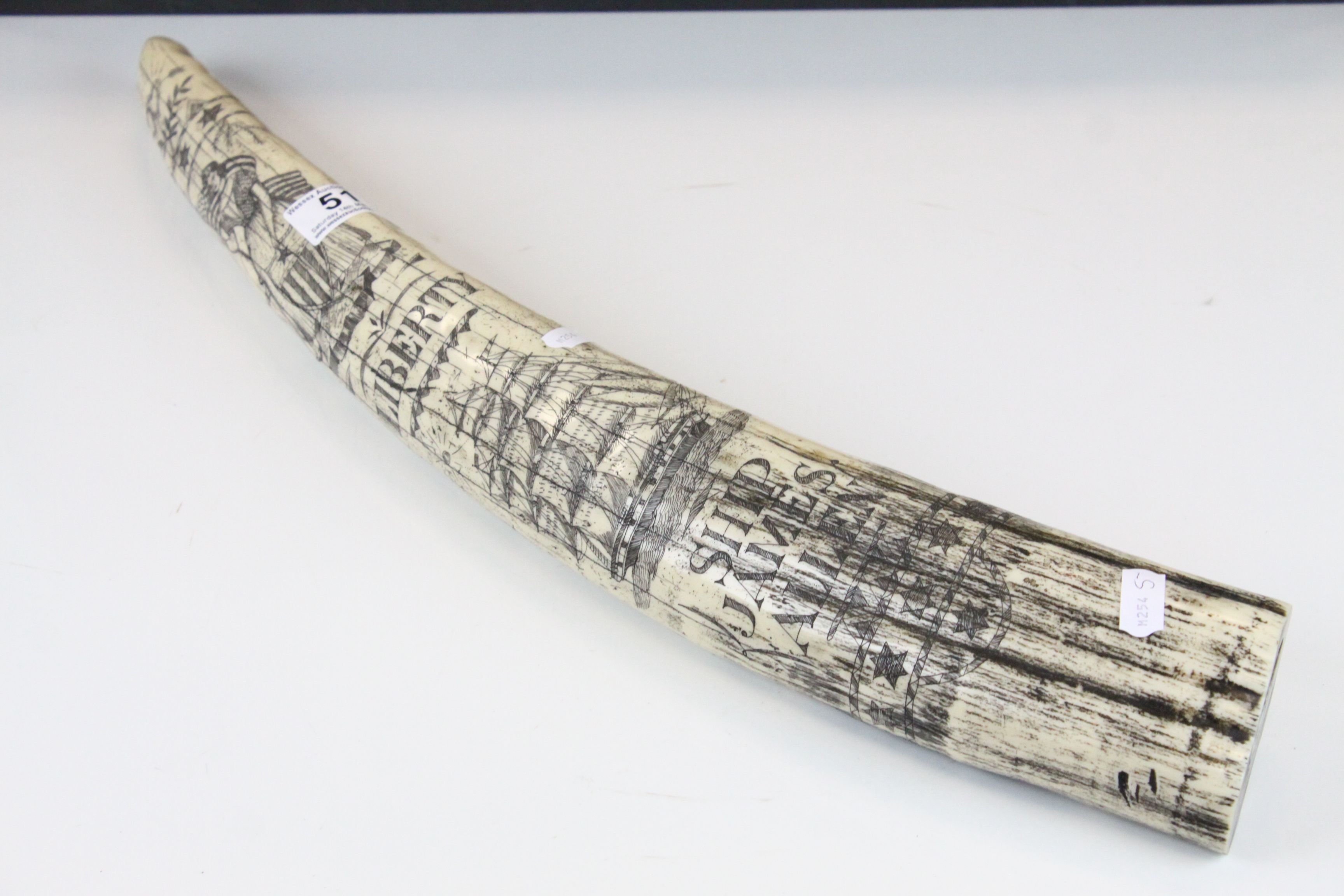 Resin Scrimshaw style tusk inscribed Ship James Allen, Liberty, 57cms long