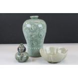 Oriental Celadon flower shaped bowl, an oriental green glazed balustre vase decorated with