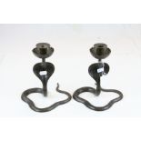 Pair of Indian Cast Metal Candlesticks in the form of Cobra Snakes, 21cms high