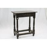 17th century Small Oak Side Table, the plank top above a single frieze drawer with brass swan neck