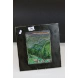 Contemporary steel framed copper plaque with enamelled decoration, rural scene with hills to