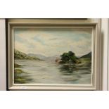 Barbara Butcher? 20th century oil on board, cottages on a highland loch approx 41cm x 57cm
