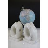 Terrestrial globe on marble base and pair of marble bookends