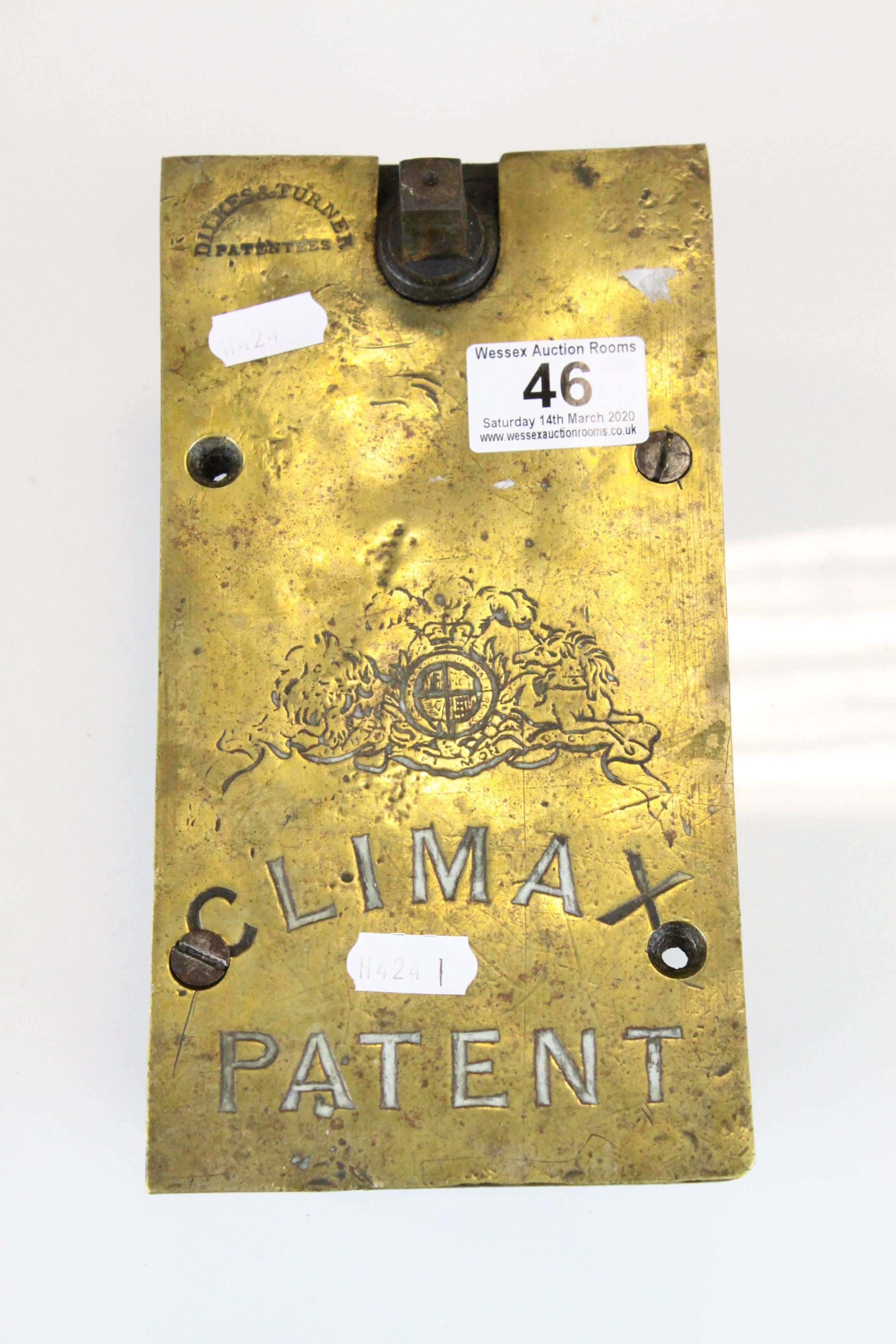 19th / Early 20th century Brass ' Dilkes and Turner ' Patent Climax Door Lock, 23cms high