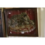 Early 20th century oak framed woolwork embroidery of a cat with kittens