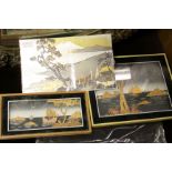 Signed gilt Japanese engraving of a traditional scene and two cork seascape pictures