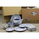 Two Boxes of Wedgwood Jasperware including Plates, Mugs, Lidded Pots, etc, mainly Pale Blue with