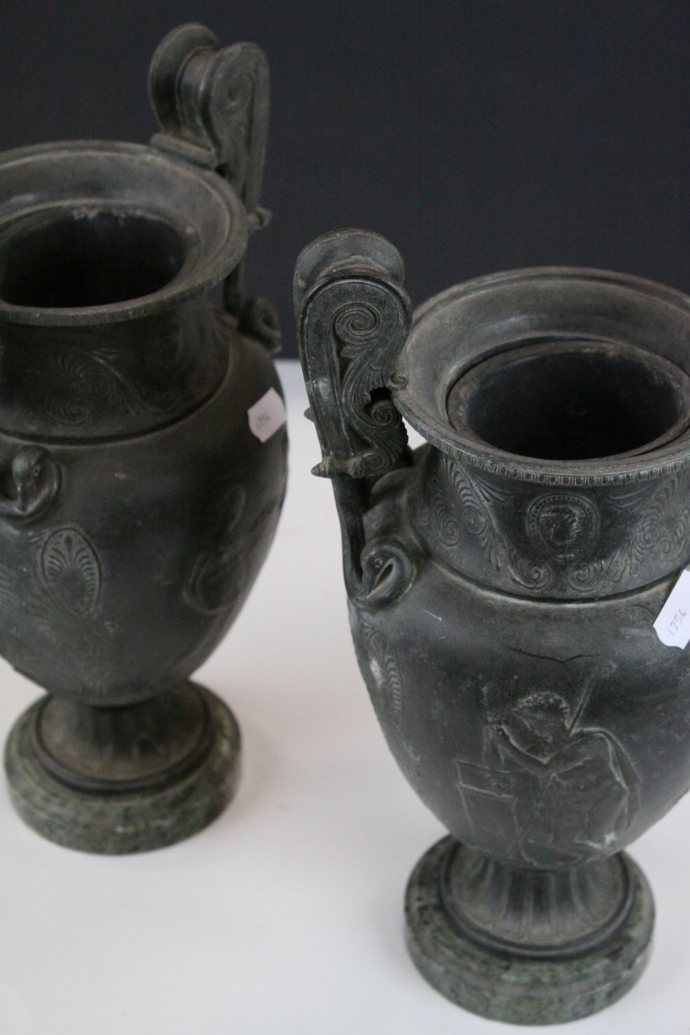Pair of 19th century Cast Classical Twin Handled Urns on Green Marble Bases, 28.5cms high - Image 7 of 7