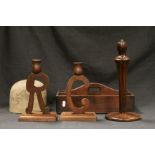 Antique mahogany cutlery tray, three treen candlesticks & antique hat stand