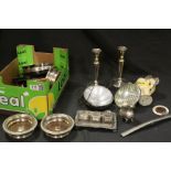 Box of silver plate and automobilia items, to include headlamps, candlesticks, car bar with