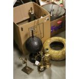 Quantity of lamps, to include gilded owls, oriental, rustic iron etc, together with globes, shade