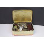 Tin of mixed collectables including watches, silver jewellery, brooches etc